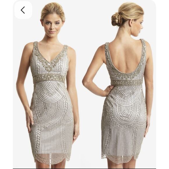 Sue Wong Nocturne Platinum Silver Beaded Empire Short Cocktail Formal Dress 4 - Picture 1 of 5